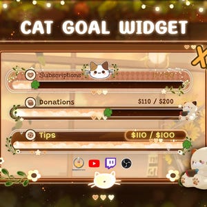 May include: A digital graphic displaying "CAT GOAL WIDGET". It features progress bars for subscriptions, donations, and tips, each with a cat theme. The design includes cat illustrations and floral accents. The graphic is framed with decorative elements.