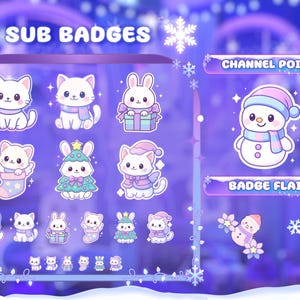 Puede incluir: Una colecci&oacute;n de lindos sub insignias y gr&aacute;ficos de puntos de canal estilo caricatura. Los dise&ntilde;os presentan gatos blancos, conejos y un mu&ntilde;eco de nieve, todos con accesorios de tem&aacute;tica invernal. La paleta de colores es principalmente p&uacute;rpura, rosa y azul.