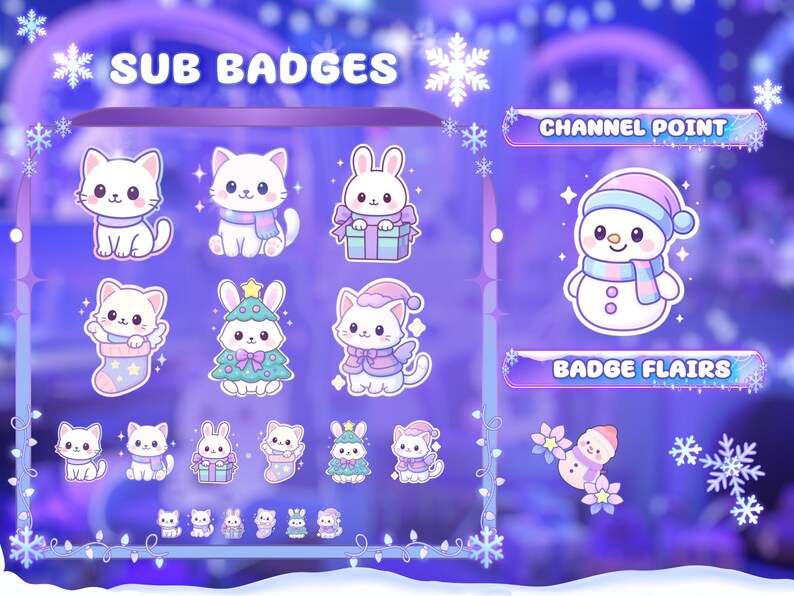 Puede incluir: Una colecci&oacute;n de lindos sub insignias y gr&aacute;ficos de puntos de canal estilo caricatura. Los dise&ntilde;os presentan gatos blancos, conejos y un mu&ntilde;eco de nieve, todos con accesorios de tem&aacute;tica invernal. La paleta de colores es principalmente p&uacute;rpura, rosa y azul.