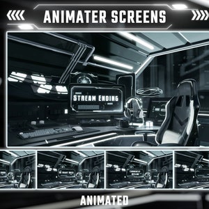 K&ouml;nnte beinhalten: Animierte Bildschirme f&uuml;r ein Gaming-Setup mit einem Schwarz-Wei&szlig;-Farbschema. Die Bildschirme zeigen Text wie "Stream Ending", "Starting Soon", "Go Night Back" und "Emote Offer".