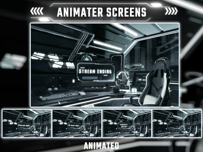 K&ouml;nnte beinhalten: Animierte Bildschirme f&uuml;r ein Gaming-Setup mit einem Schwarz-Wei&szlig;-Farbschema. Die Bildschirme zeigen Text wie "Stream Ending", "Starting Soon", "Go Night Back" und "Emote Offer".
