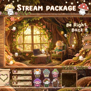 May include: A whimsical stream package with a forest theme. The image features a cozy woodland scene with a cat character, a laptop, and the text "Stream Package" and "Be Right Back". Includes animated overlays and panels.