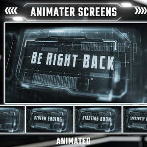 K&ouml;nnte beinhalten: Animierter Bildschirm mit futuristischem Design. Der Bildschirm zeigt "BE RIGHT BACK". Andere Bildschirme zeigen "STREAM ENDING", "STARTING SOON" und "CURRENTLY OFFLINE".