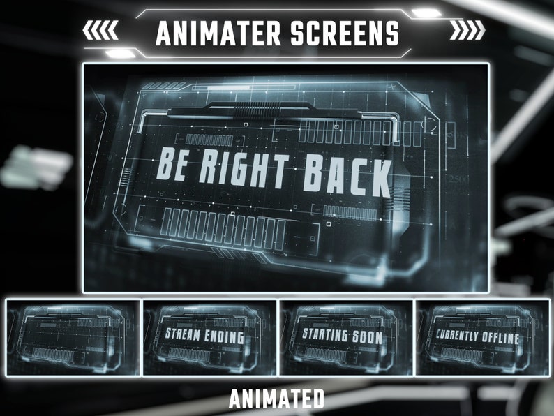 K&ouml;nnte beinhalten: Animierter Bildschirm mit futuristischem Design. Der Bildschirm zeigt "BE RIGHT BACK". Andere Bildschirme zeigen "STREAM ENDING", "STARTING SOON" und "CURRENTLY OFFLINE".