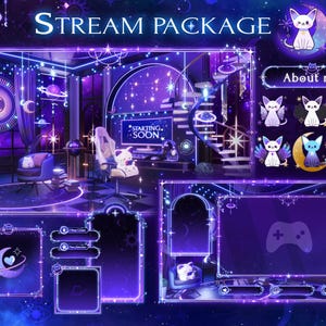 Pacote de sobreposição de transmissão Sala Purple StarNight - Telas de transmissão Twitch - Sobreposição de transmissão Neon - Sobreposições Twitch Lofi - Cenas de transmissão - Sobreposições