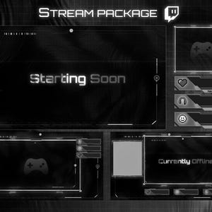 May include: A black and white digital streaming overlay package with the text "STREAM PACKAGE" and "Starting Soon". Includes panels for new followers, hosts, and raids, plus a "Currently Offline" screen. Features a gaming controller icon.