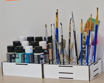 Paint And Brush Holder Double Set File, Paint Brush Holder Laser File 3 mm, Acrylic Paint Bottle Holder, 2oz / 59ml, SVG, Laser Cutting File