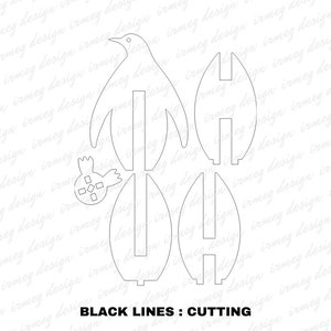 May include: A black and white line art design of a penguin with a small gift box. The design is made up of separate pieces that can be cut out and assembled. The text "BLACK LINES: CUTTING" is at the bottom of the image.