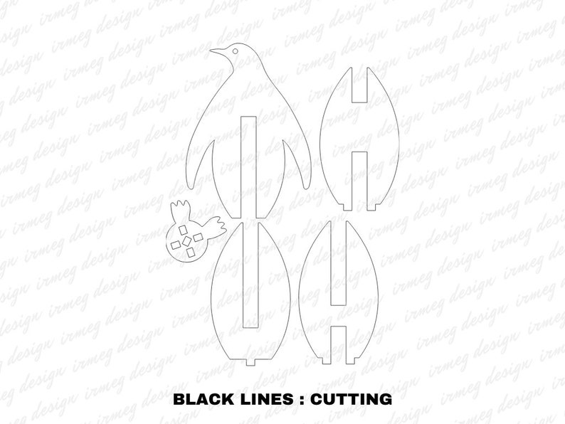 May include: A black and white line art design of a penguin with a small gift box. The design is made up of separate pieces that can be cut out and assembled. The text "BLACK LINES: CUTTING" is at the bottom of the image.