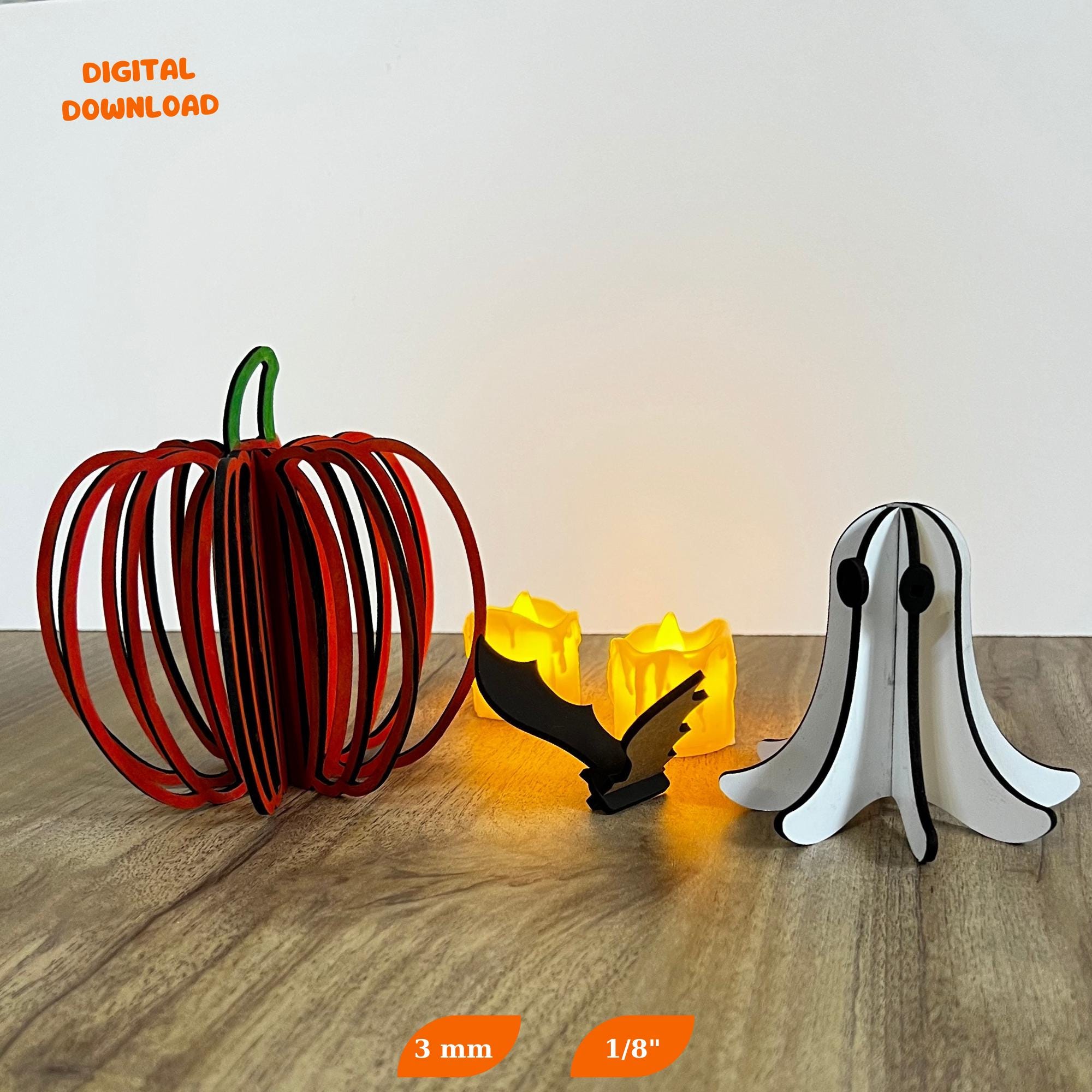 SVG Bat, Ghost, Pumpkin 3D Halloween Set, Svg-Dxf Digital Cut Files for Glowforge, lightburn Bat, Ghost, Pumpkin Laser Cut Model DXF files