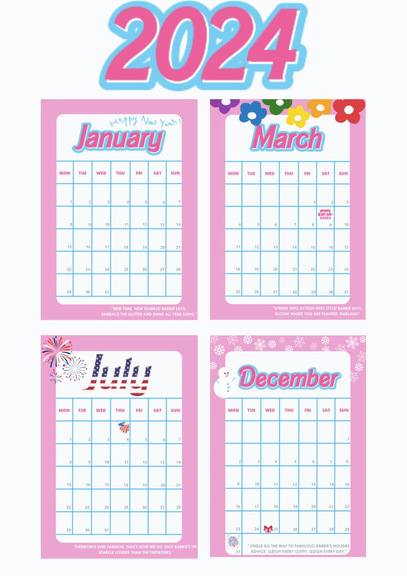 Barbie 2024 Printable Calendar Ken Pink Calendar Printable Etsy