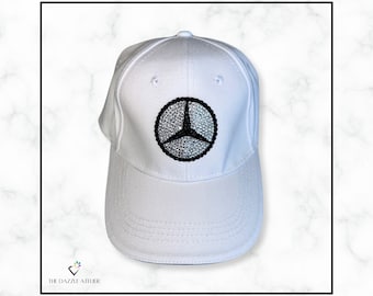 F1 Mercedes Benz Full Logo Crest bedazzled White Hat with Black and Crystal Rhinestones For any Car Enthusiast or Glamorous Boss/Friend Gift