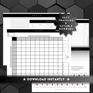 May include: A printable worksheet for tracking squares with a grid and numbers 0-9. The worksheet is black and white with a gray background. The text "EASY TRACKING & CUTABLE NUMBERS" is in a black starburst shape.