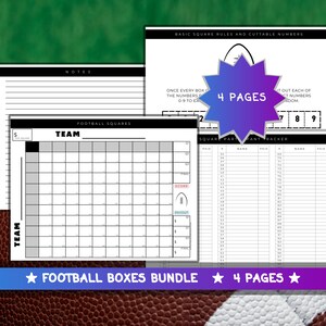 May include: A printable football squares game template with a black and white grid, score and payout sections, and a team name section. The template is part of a four-page bundle. The image also includes a participant tracker with columns for name, paid, and square number.