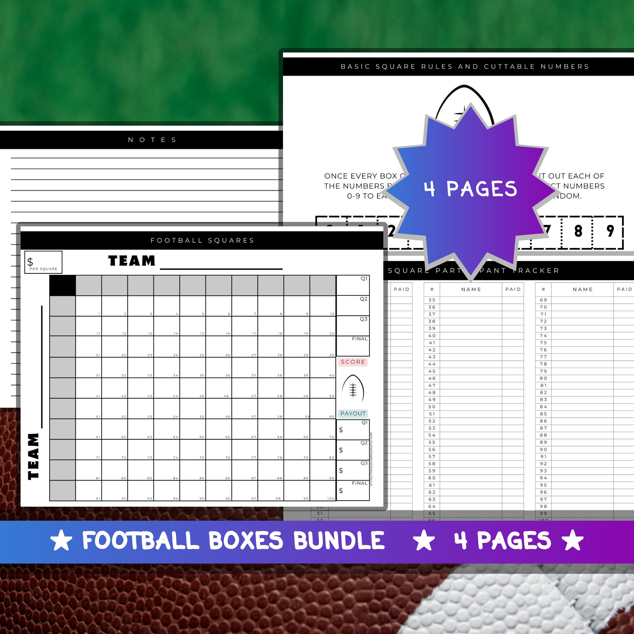 Football Squares Excel Template, Reusable, Editable, Auto