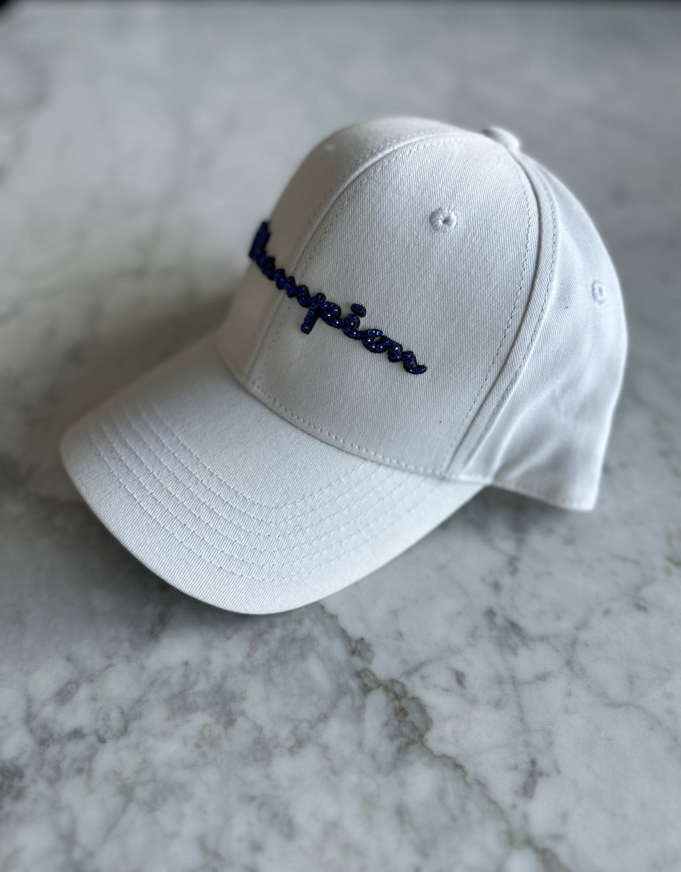 Bedazzled Champion Hat: White Baseball Cap With Blue & Red 
