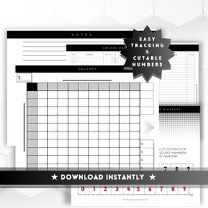 May include: A printable black and white grid with the words "Easy Tracking & Cutable Numbers" in red. The grid is divided into squares and has a dollar sign in the corner. There are numbers 0-9 at the bottom of the page.