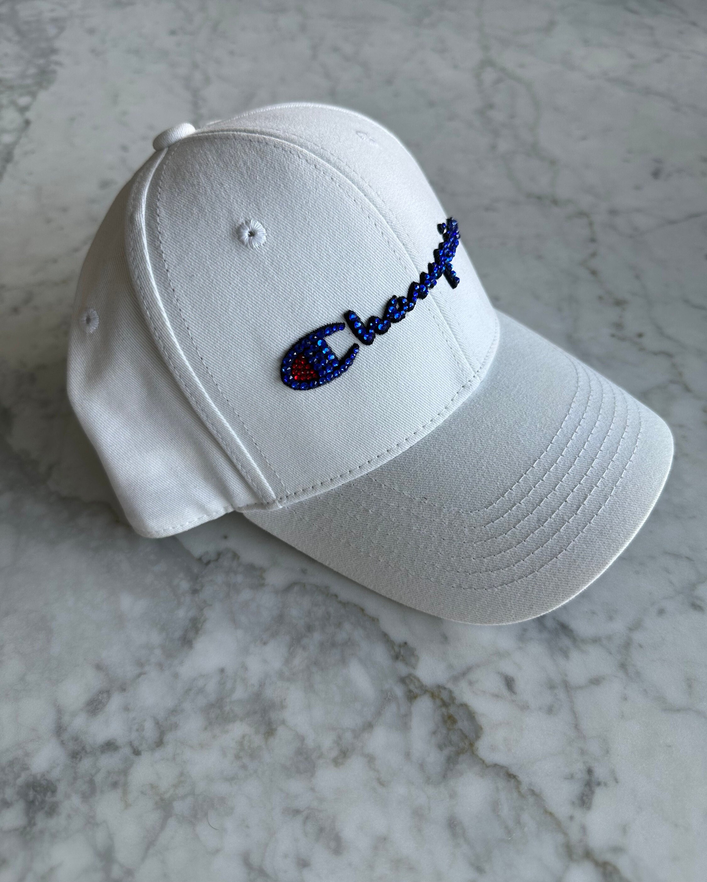 Bedazzled Champion Hat: White Baseball Cap With Blue & Red  display picture 1