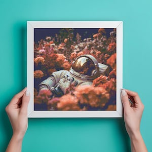 花の中の宇宙飛行士 フルカバークロスステッチ DIY パターン、挑戦的な 200 x 200 ステッチ