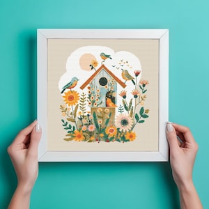 Folklore Vogelhaus Kreuzstich Muster | Vogel Kreuzstichmuster