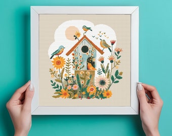 Folksy Birdhouse Cross Stitch Pattern | Bird Cross Stitch Pattern