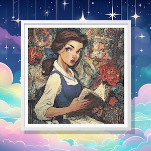 May include: A framed diamond painting of a woman with brown hair and a blue dress, reading a book. The background features a floral tapestry with red roses. The artwork is set against a starry night sky.