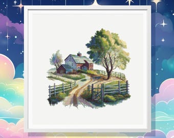 Hilltop Farm Cross Stitch Pattern: Rustic Barn Landscape (PDF Pattern)