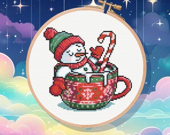 Snowman relaxing in Hot Chocolate cross stitch pattern