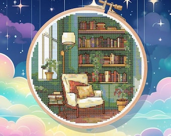 Cozy Bibliothek Nook Kreuzstichmuster: Volle Abdeckung (PDF)