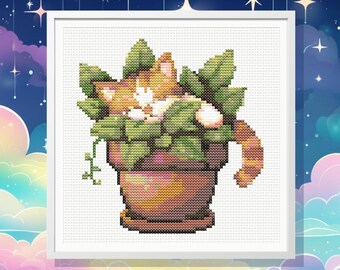Patrón de punto de cruz "Gatito durmiendo en una maceta" (Descarga digital en PDF)