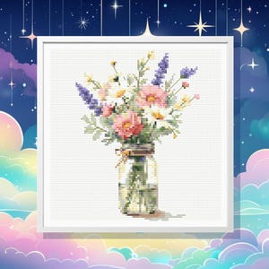 Patrón de punto de cruz de flores en frasco: Diseño floral estilo cottagecore (PDF)