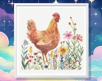 Chicken and Wildflowers Cross Stitch Pattern: Rustic Farmhouse DIY (PDF Pattern)