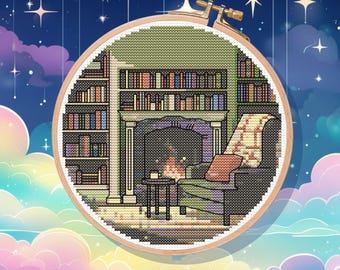 Fireside Library cross stitch pattern, pdf, instant download, book lover, chart, books, cosy vibes