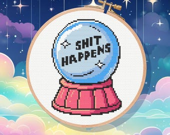 Shit Happens Cross Stitch Pattern, instant Download, pdf pattern, snarky, sassy, crystal ball
