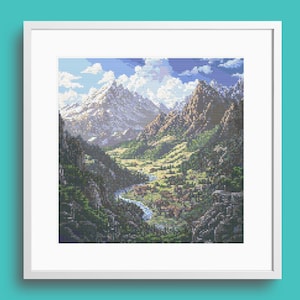 8-bit Snowy Winter Scene With Mountains and Evergreens Cross