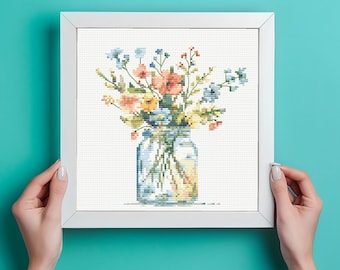 Wildflower Jar Cross Stitch Pattern: Rustic Floral Bouquet (PDF Pattern)