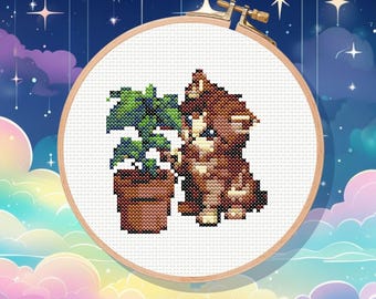 Kitten and Potted Plant Cross Stitch Pattern: Playful Cat Design (PDF)