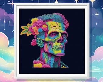 Lisa Frankenstein's Monster Cross Stitch Chart - Unique Halloween Embroidery Design, colorful, bright, rainbow