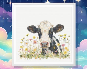 Cow in Wildflower Meadow Cross Stitch Pattern, rustic, animal, chart, instant download, farm,