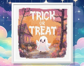 Trick or Treat Ghost Cross Stitch Pattern, Full Coverage, pulp art, Pattern Keeper Compatible