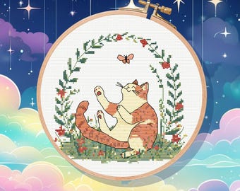 Playful Cat Cross Stitch Pattern: Korean Art Inspired (Digital PDF Download)