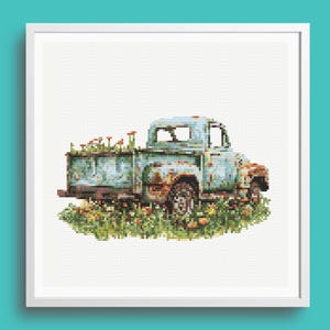 Wildflowers Rustic Pick Up Truck Cross Stitch Pattern, rustic, chart, instant download, farm,