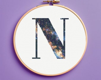 Milky Way Galaxy Initial N Cross Stitch Pattern, monogram, instant download, pdf pattern letter cross stitch pattern, Personalized gift