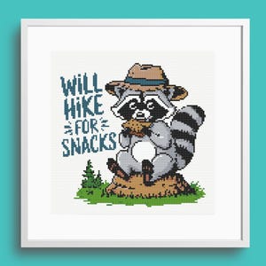 Will Hike For Snacks Cross Stitch Pattern, instant Download, pdf pattern Raccoon eating a smore, Outdoorsy Gift Idea