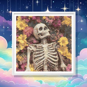 Skeleton in Flowers Cross Stitch Pattern, Full Coverage, pulp art, Pattern Keeper Compatible