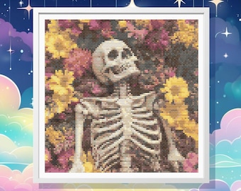 Skeleton in Flowers Cross Stitch Pattern, Full Coverage, pulp art, Pattern Keeper Compatible