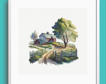Hilltop Farm cross stitch, barn cross stitch pattern, nature cross stitch pattern