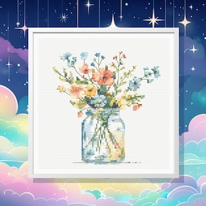 Wildflower Jar Cross Stitch Pattern: Rustic Floral Bouquet (PDF Pattern)