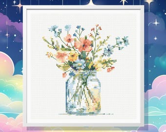 Kreuzstichmuster im Wildblumenglas: Rustikales Blumenbouquet (PDF-Muster)