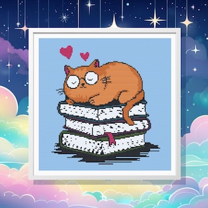 Cat and Books Cross Stitch Pattern, instant Download, pdf pattern Book Lover Gift